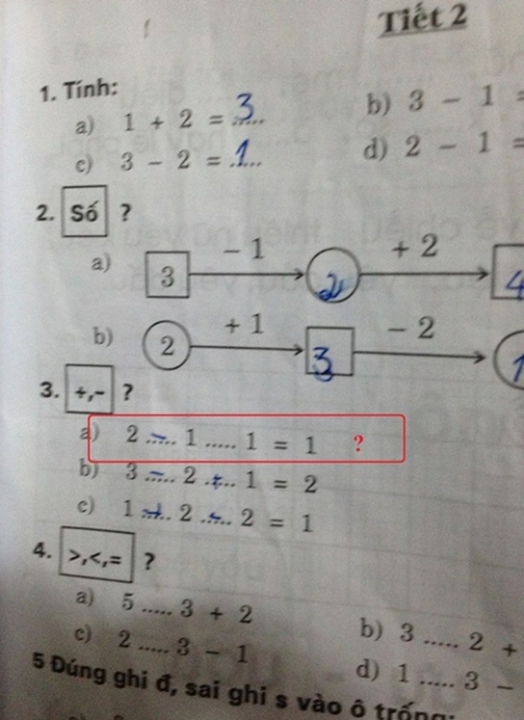 Ngao ngán với bài toán lớp 1: 2… 1… 1 = 1