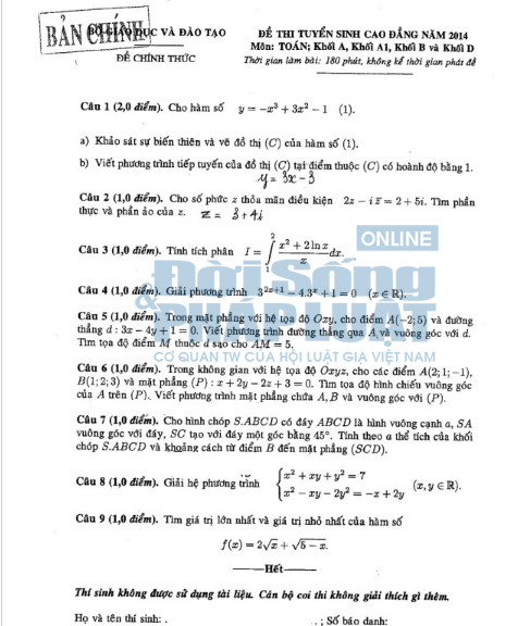 Đáp án đề thi Cao đẳng môn Toán khối A, A1, B, D năm 2014