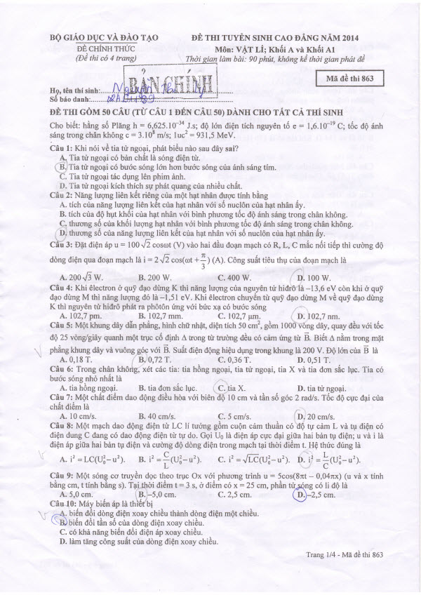 Đáp án đề thi Cao đẳng môn Vật lý khối A, A1 năm 2014