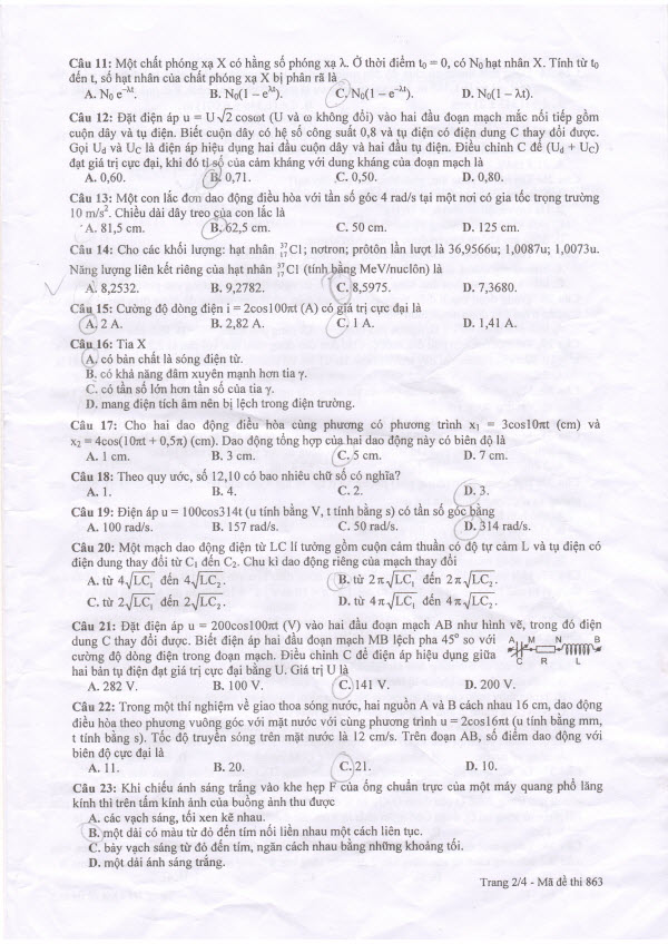 Đáp án đề thi ĐH - Đáp án đề thi Cao đẳng môn Vật lý khối A, A1 năm 2014 (Hình 3).