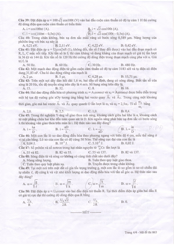 Đáp án đề thi ĐH - Đáp án đề thi Cao đẳng môn Vật lý khối A, A1 năm 2014 (Hình 5).