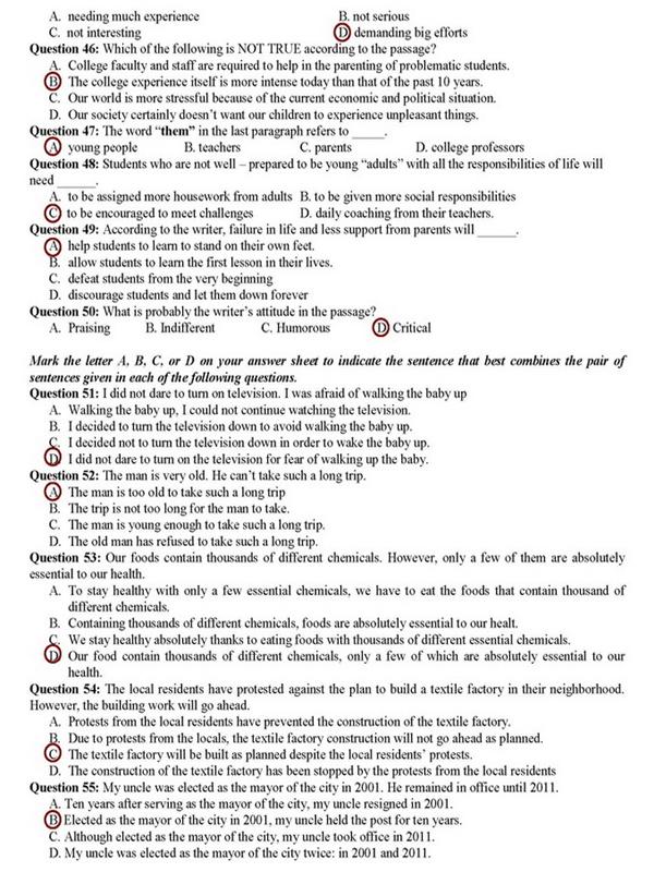 Đáp án đề thi ĐH - Đáp án đề thi cao đăng môn Tiếng Anh khối A1, D năm 2014 (Hình 5).