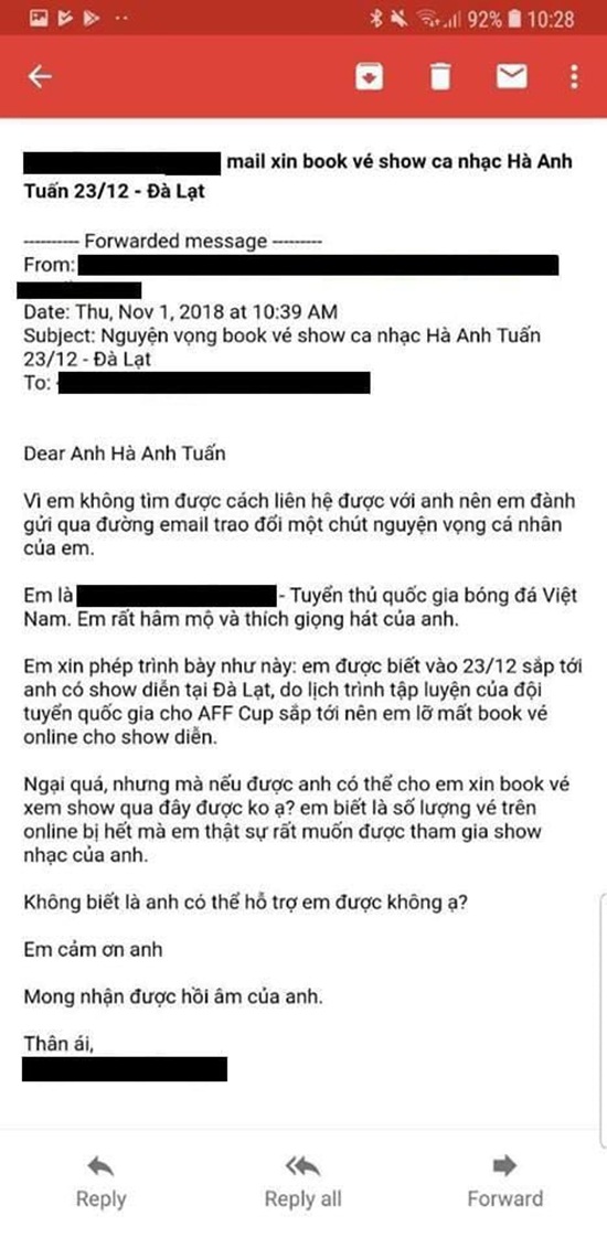 Tin tức - Cầu thủ ĐT Việt Nam viết mail xin mua vé liveshow Hà Anh Tuấn