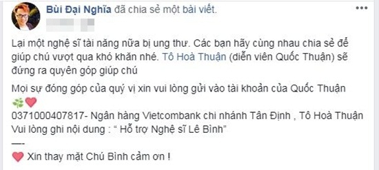 Tin tức - Sao Việt chung tay kêu gọi hỗ trợ nghệ sĩ Lê Bình điều trị ung thư phổi (Hình 6).
