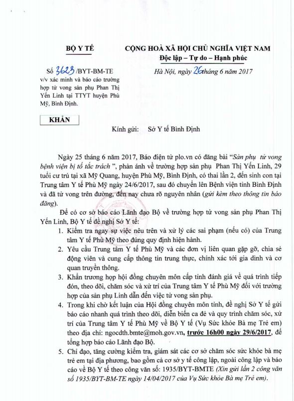 Tin trong nước - Bộ Y tế vào cuộc vụ sản phụ tử vong bất thường ở Bình Định