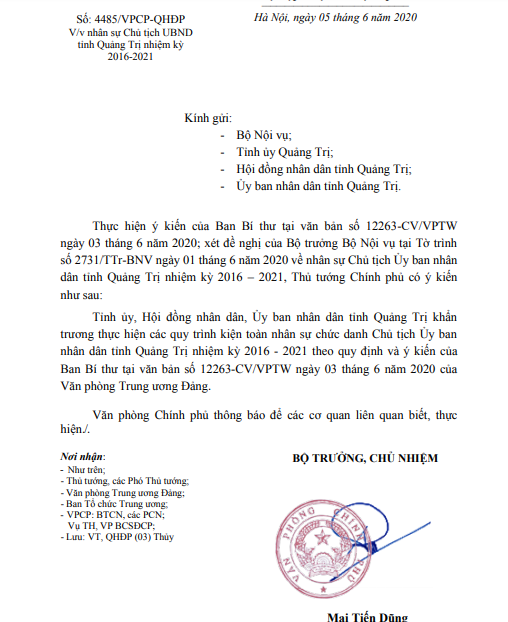 Tin trong nước - Thủ tướng đề nghị Quảng Trị khẩn trương kiện toàn nhân sự Chủ tịch UBND tỉnh