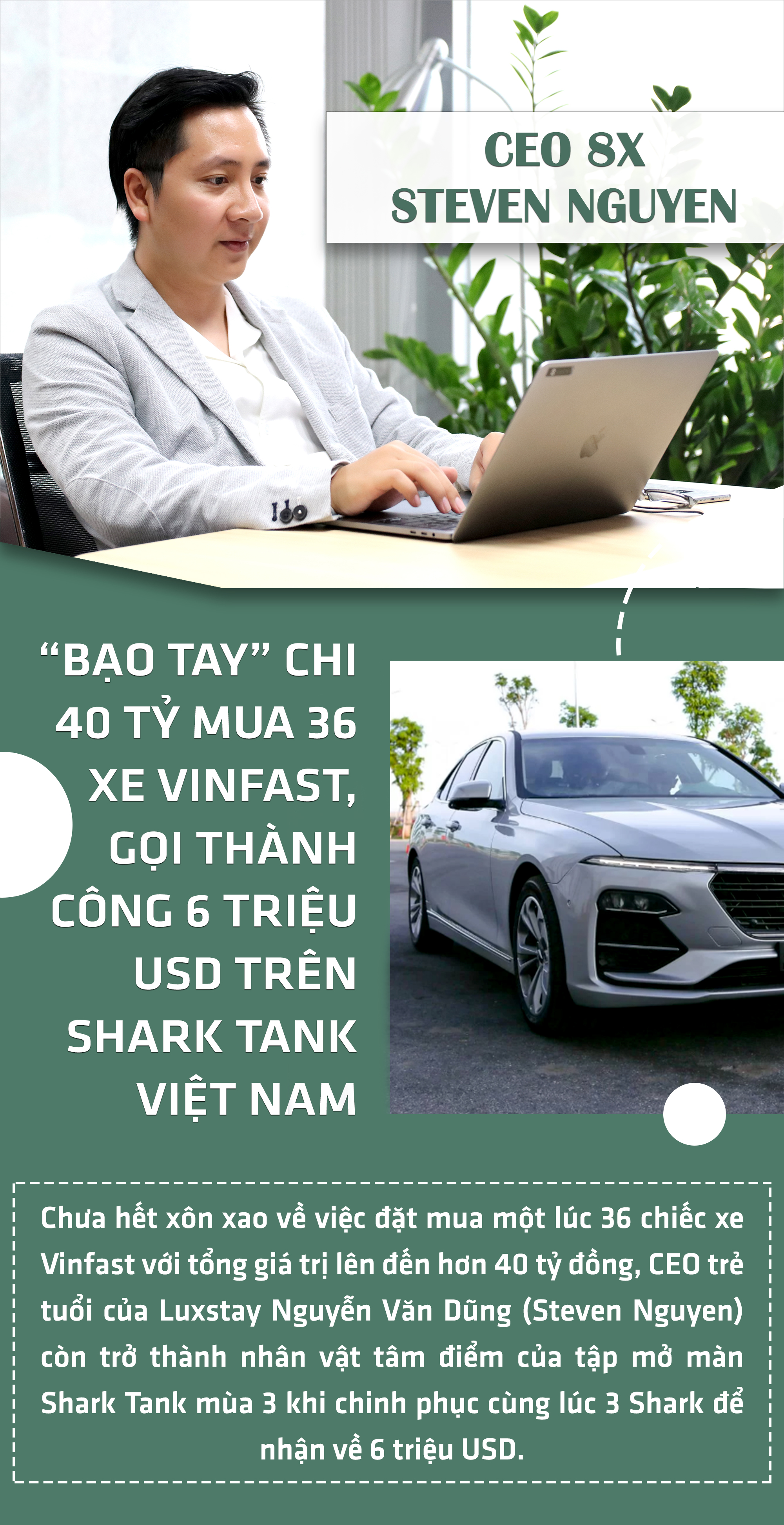 Kinh doanh - CEO 8X Steven Nguyen: Chi 40 tỷ mua 36 xe Vinfast, gọi thành công 6 triệu USD trên Shark Tank