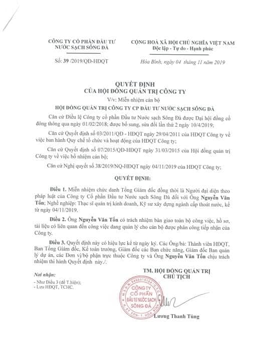Tin trong nước - Sau sự cố nước nhiễm dầu, công ty nước sạch Sông Đà bất ngờ miễn nhiệm Tổng giám đốc Nguyễn Văn Tốn