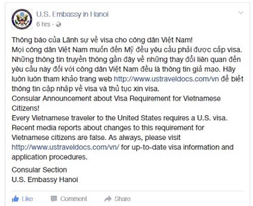 Đại sứ quán Mỹ bác tin miễn visa cho công dân Việt Nam - Ảnh 1