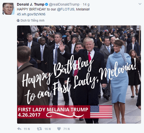  Donald Trump chúc mừng sinh nhật Đệ nhất phu nhân trên Twitter - Ảnh 1