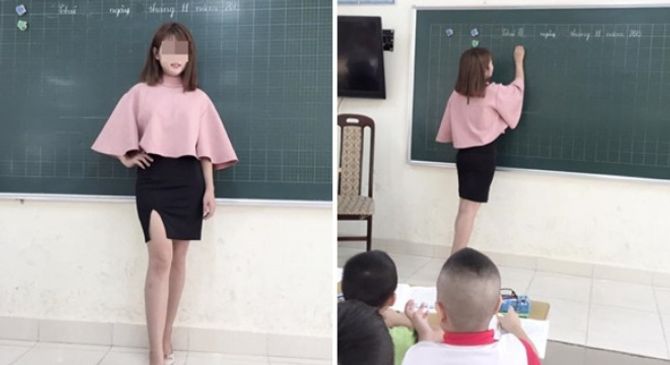 Nữ giáo viên tiểu học diện "váy ngắn xẻ cao" gây xôn xao - Ảnh 1