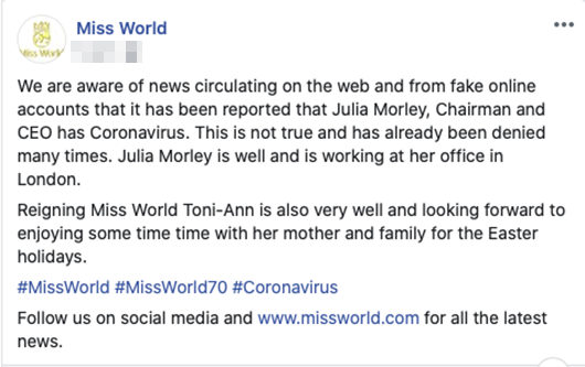 Miss World phủ nhận tin Chủ tịch Julia Morley nhiễm Covid-19 - Ảnh 1