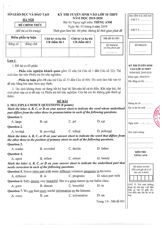 Đáp án, đề thi môn tiếng Anh vào lớp 10 tại Hà Nội chuẩn nhất, nhanh nhất - Ảnh 6