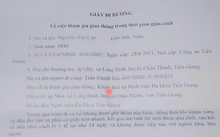 Tin trong nước - Tiền Giang: Cấp giấy đi đường cho cụ ông 85 tuổi tới bệnh viện “khám thai”