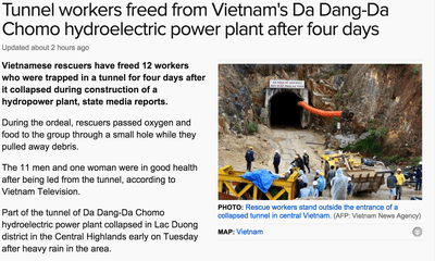 Vụ sập hầm thủy điện Đạ Dâng: Báo chí quốc tế đưa tin giải cứu 12 công nhân