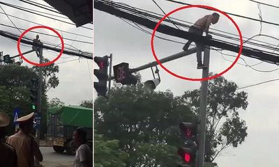 Video: Bị CSGT giữ xe, nam thanh niên trèo lên cột đèn giao thông ăn vạ