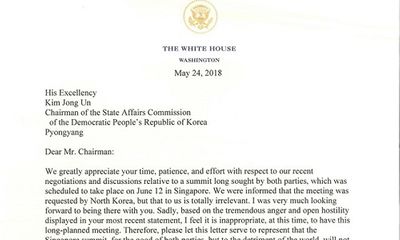 Toàn văn bức thư ông Donald Trump gửi ông Kim Jong-un đề nghị hủy hội nghị thượng đỉnh