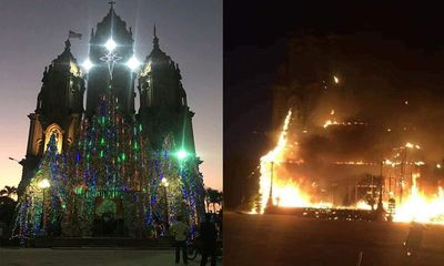 Video: Ngọn lửa bao trùm trước cửa nhà thờ Liêu Ngạn, người dân bất lực nhìn hang đá bị thiêu rụi