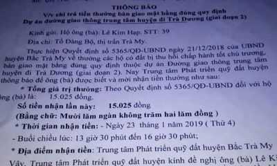 Hộ dân được mời lên nhận thưởng 15.000 đồng ở Quảng Nam