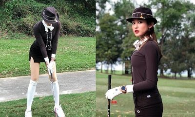 Á hậu Huyền My lại biến sân golf thành sàn catwalk với trang phục lịch lãm, khoe chân dài hút mắt