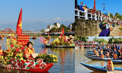 Hàng nghìn người chen kín hai bên bờ sông Dinh xem hội thuyền hoa 