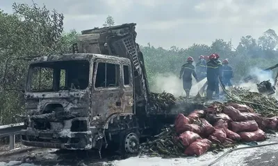 Xe tải chở ngô bốc cháy ngùn ngụt trên cao tốc Đà Nẵng - Quảng Ngãi